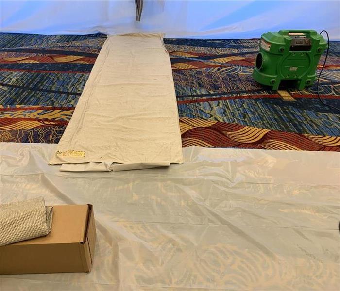 Commercial event center with multi-colored carpet and plastic sheeting to make a wall barrier fro drying