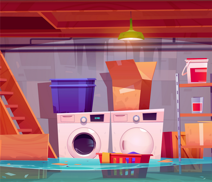 a flooded basement with items floating everywhere